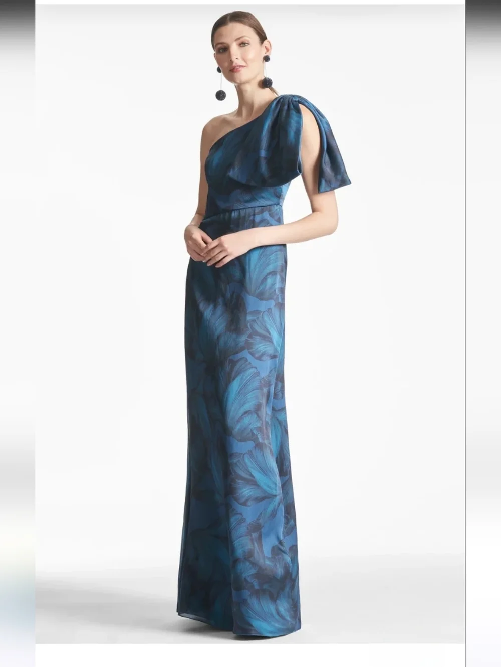 Sachin + Babi Teal and Navy One-Shoulder Floral Gown